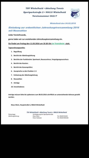 Einladung mit Tagesordnung JHV 2016