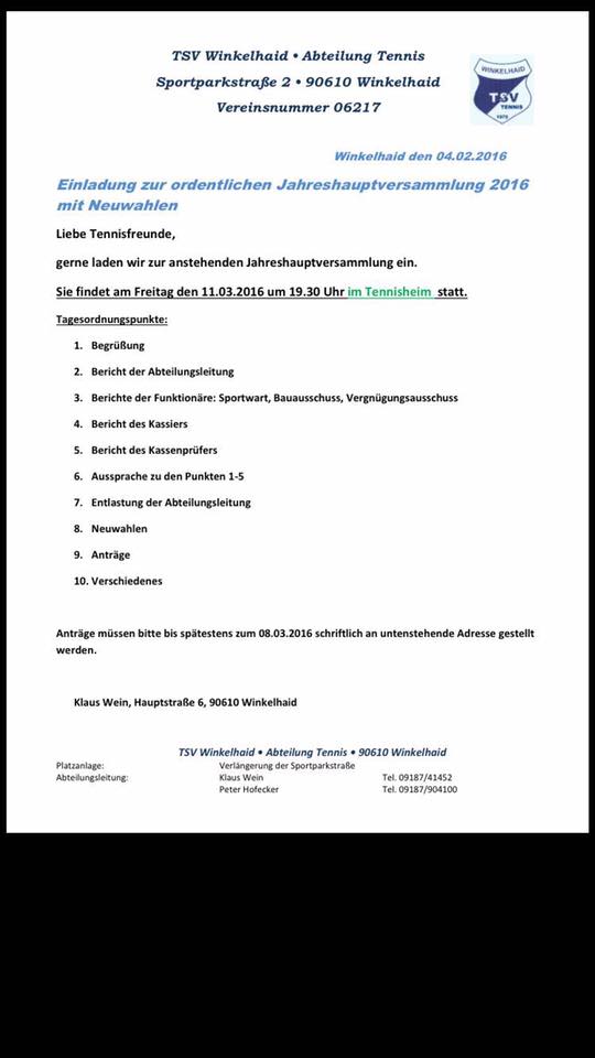 Einladung mit Tagesordnung JHV 2016